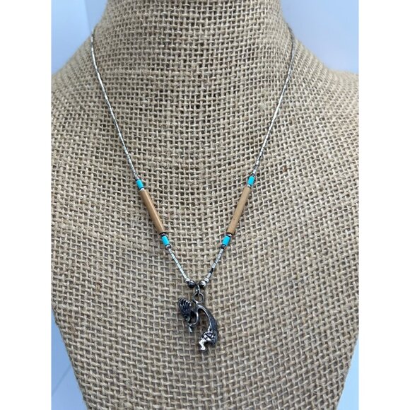 Vintage Liquid Sterling Silver Kokopelli Pendant Necklace Beads Barrel Clasp 16" - Picture 1 of 6